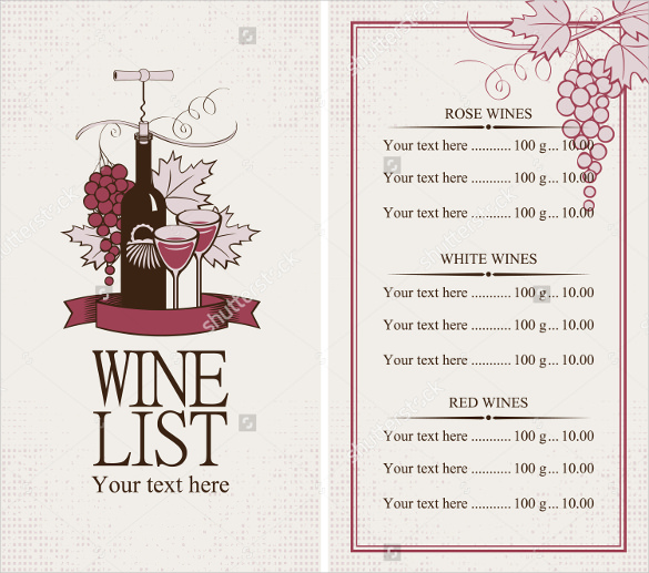 sample wine menu template