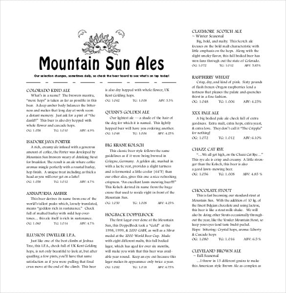 beer menu free pdf format downlaod
