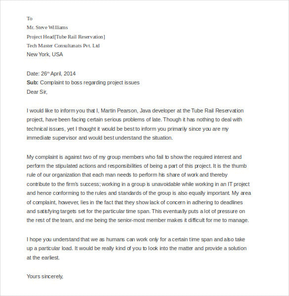 employee complaint letter template