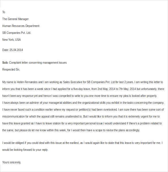Complaint Letter To Management