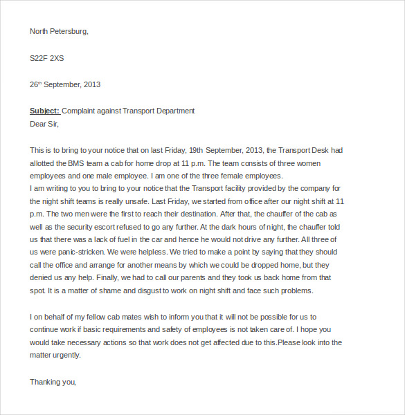 employee complaint letter to boss