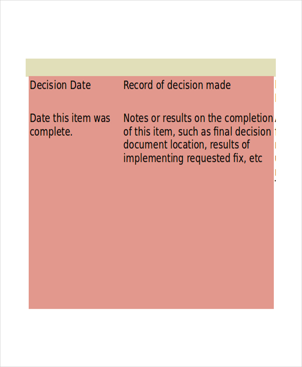 business decision log template