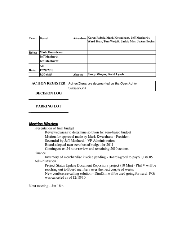 meeting decision log template