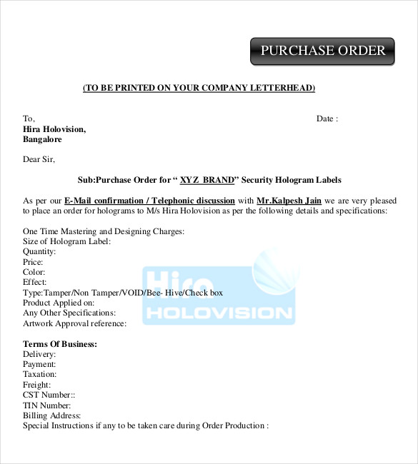 sample purchase order template example format download