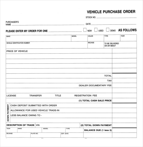 vehicle purchase order form sample template download