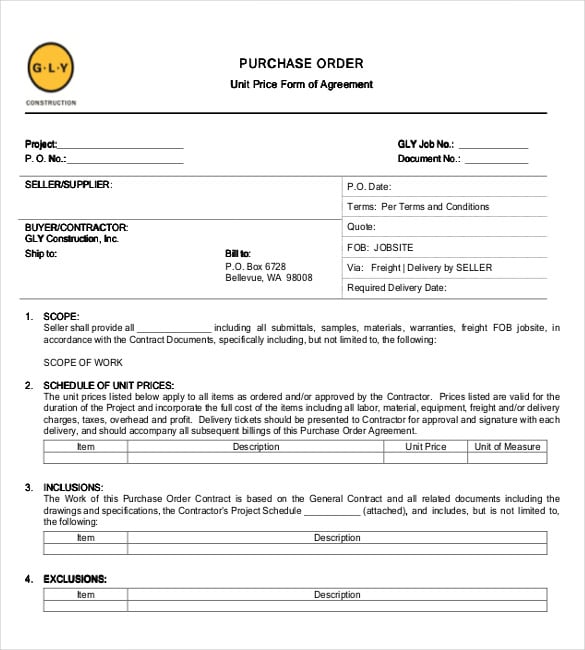 agreement form for purchase order template
