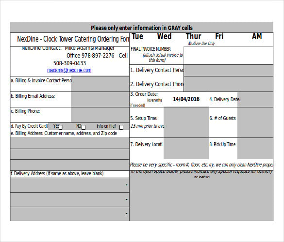 an excel template for catering order form