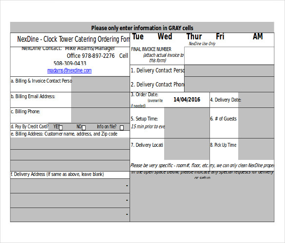 an excel template for catering order form