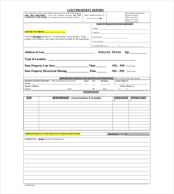 lost property report template