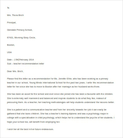 Letter of Recommendation for Teacher