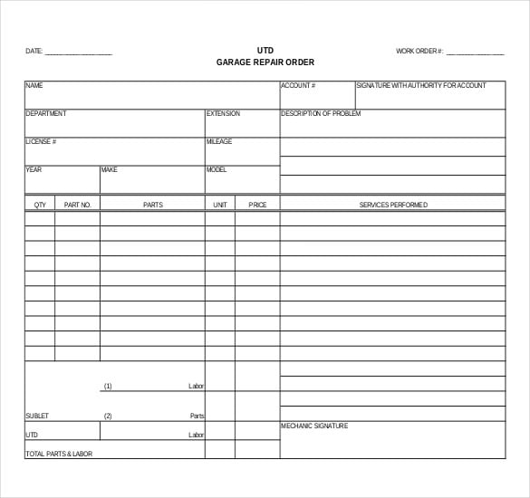 garage repair work order template pdf download
