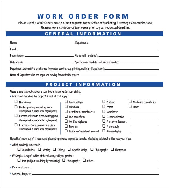 graphic design work order form sample example format
