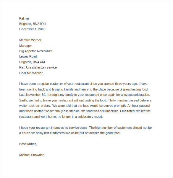restaurant complaint letter to manager