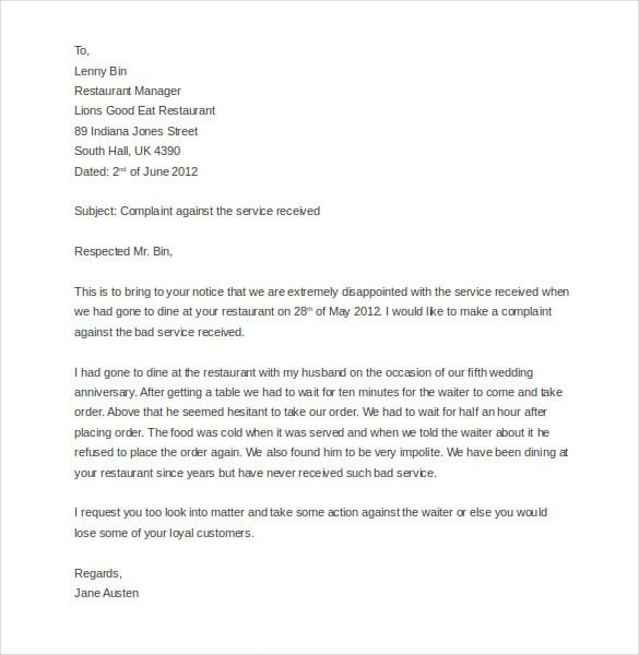 restaurant service complaint letter