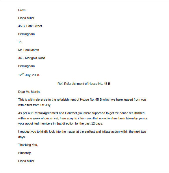 tenant complaint letter template