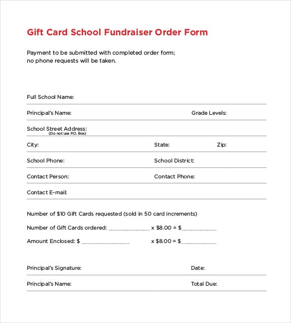 gift card school fundraiser order form sample example format