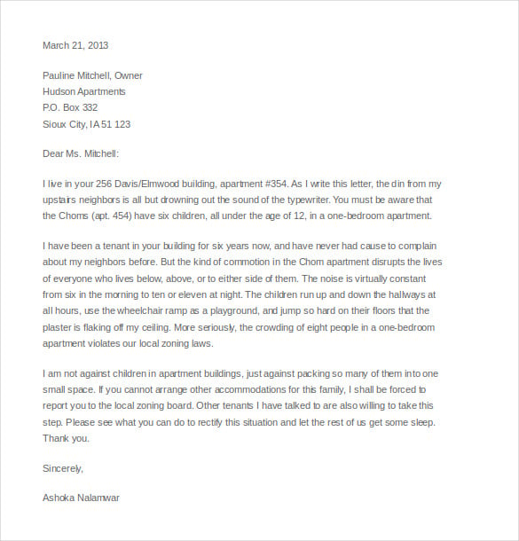 noise complaint letter to appartment manager