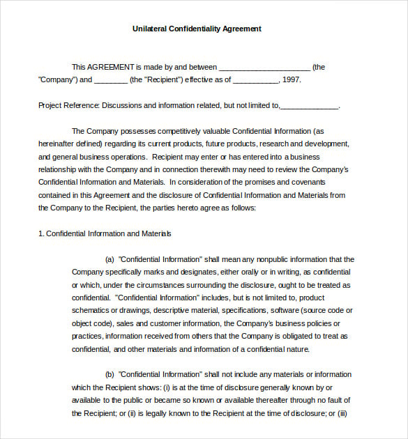 unilateral-confidentiality-agreement