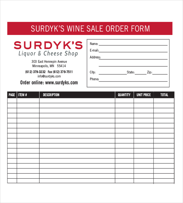 sample template for wine sales order form
