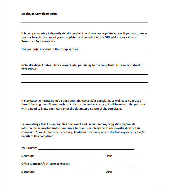 sample employee complaint form on company hr printable