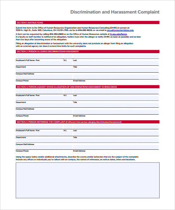 form discrimination harassment complaint company hr pdf