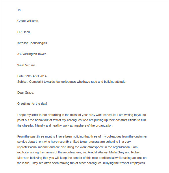 complaint letter to hr