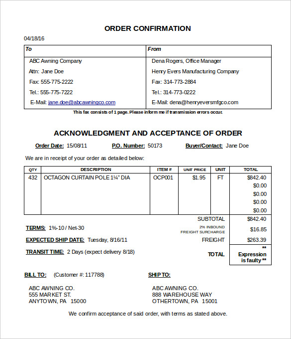 order confirmation template free editable download