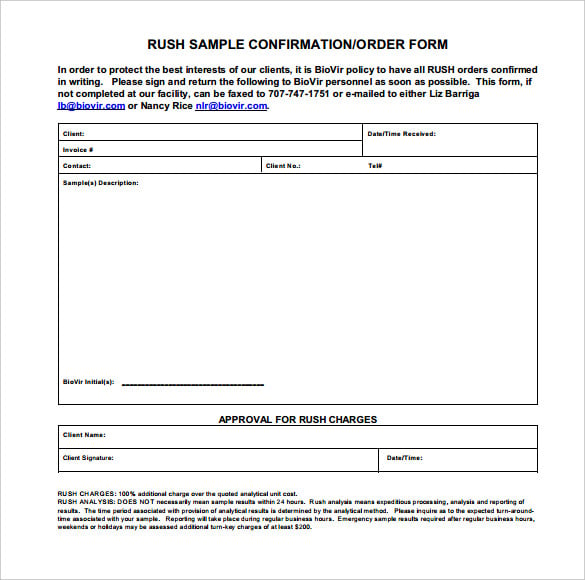 rush sample confirmation of order form pdf format