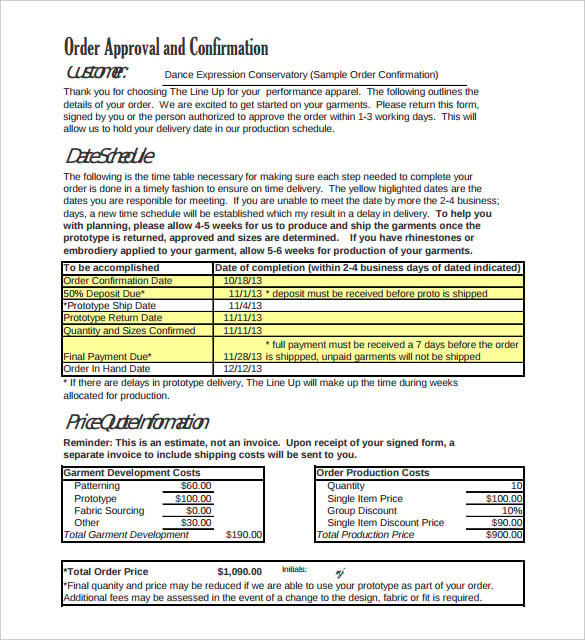 order approval and confirmation form template pdf printable