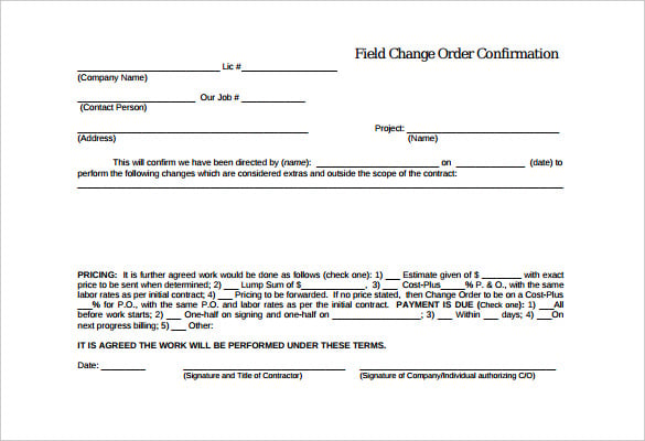 field change confirmation order template free download