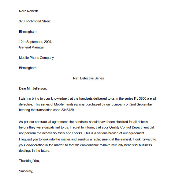 example formal business complaint letter