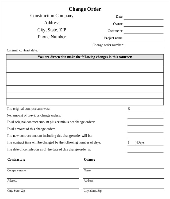 Construction Change Order Form Template Free