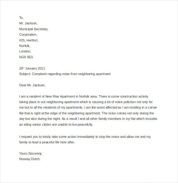 example noise complaint letter template