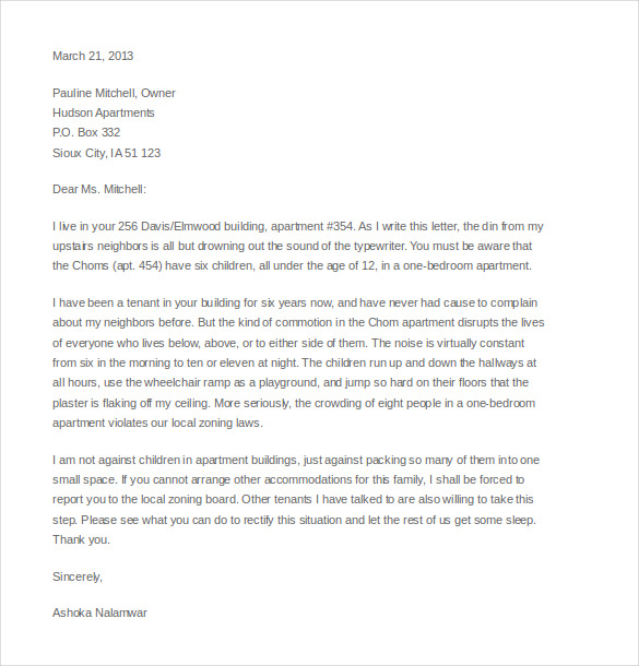 noise complaint letter to appartment manager