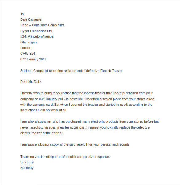 example customer complaint letter