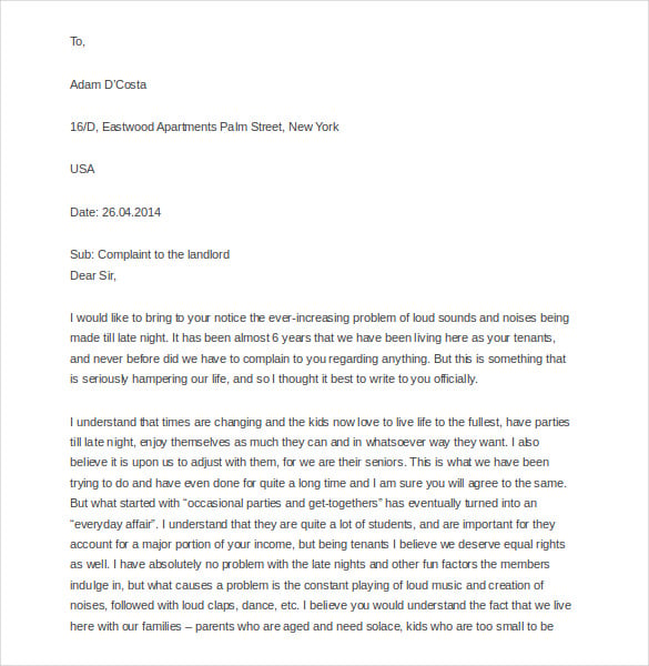 free sample complaint letter to landlord