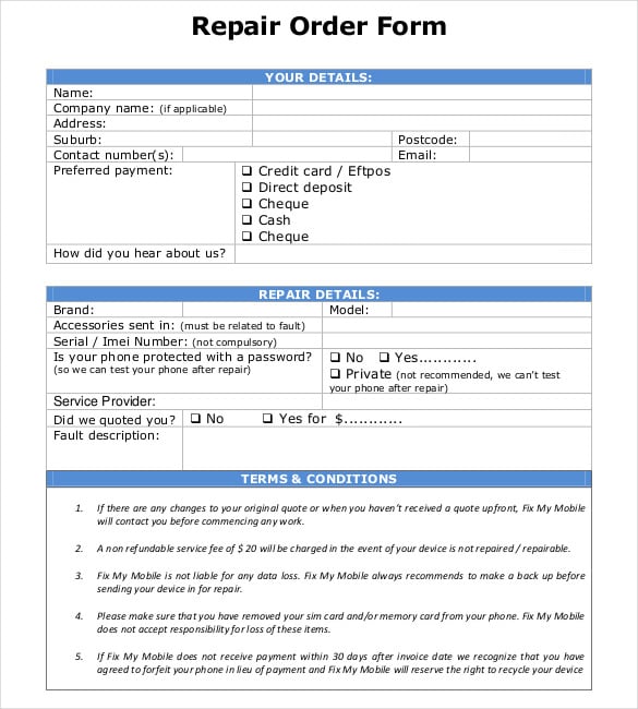 sample template for mobile repair order form