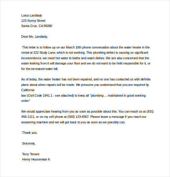 sample letter for landlord to repair