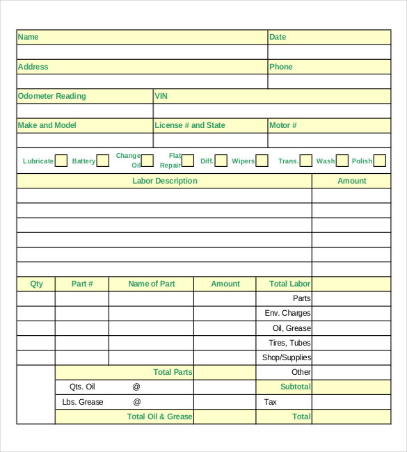 automotive repair order form free download