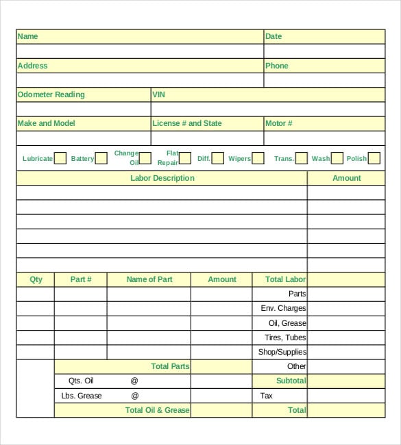 Printable Vehicle Work Order Template TUTORE ORG Master Of Documents