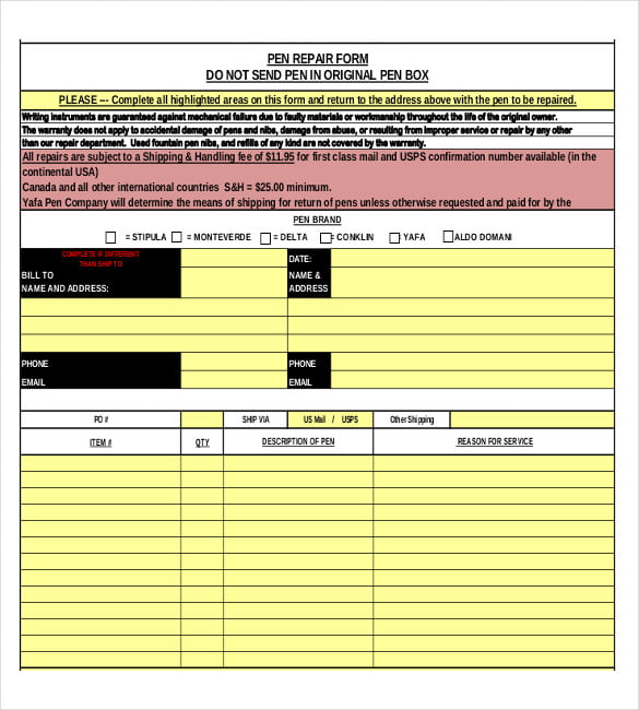 an example template download for pen repair order form