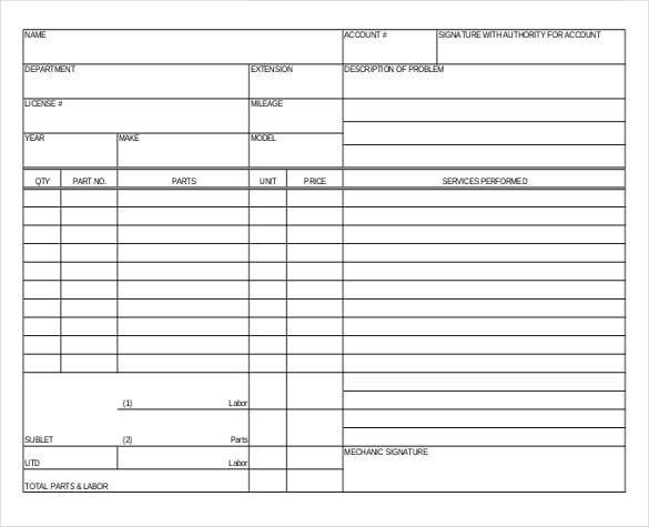 garage repair order template pdf format