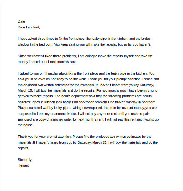 repair deduct complaint letter to landlord