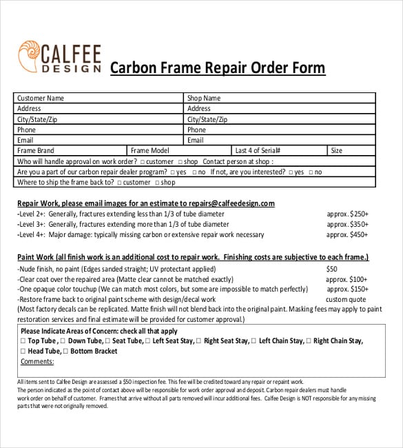 carbon-frame-repair-order-form-free-sample-format