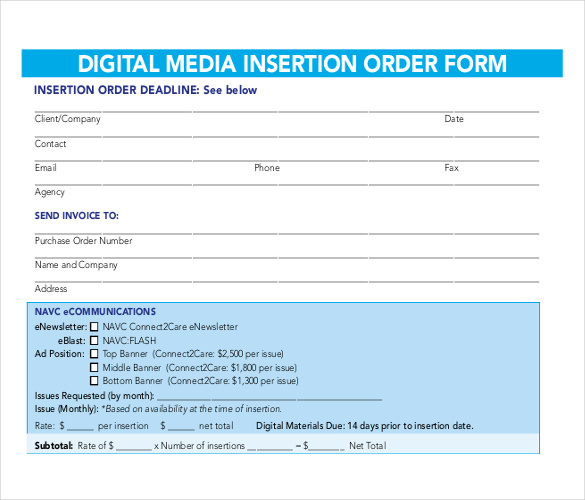 an example order template for digital media insertion