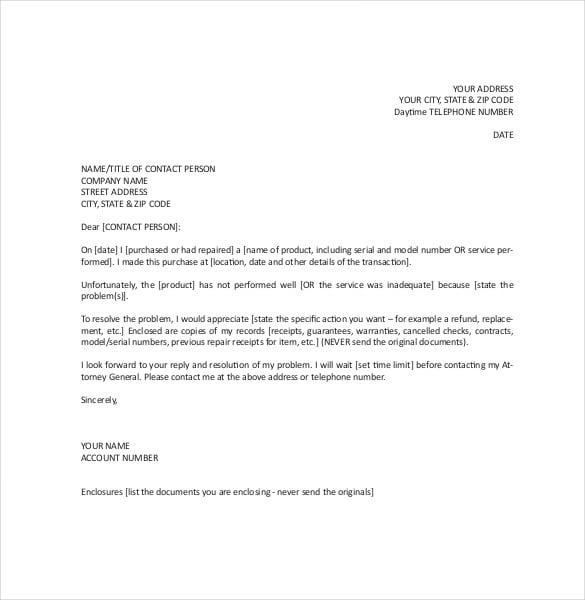 format letter of contracor complaint template