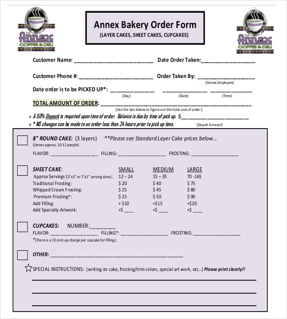 sample bakery order form free download