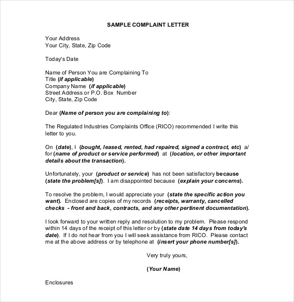 Formal Letter Of Complaint To Employer Template