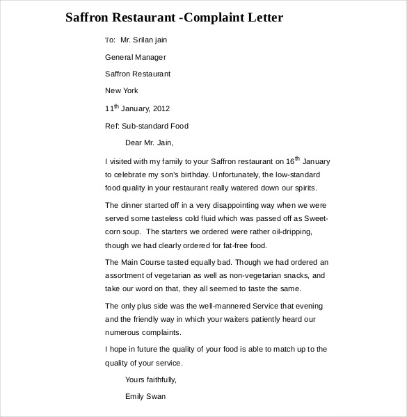 restaurant food complaint letter