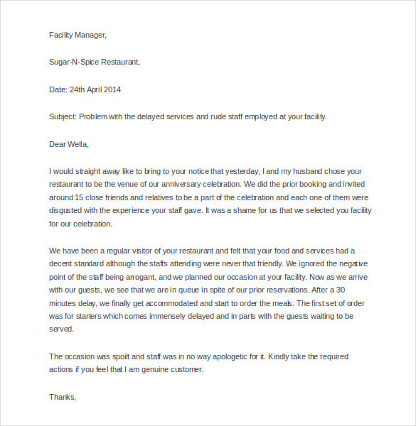 restaurant rude staff complaint letter 1